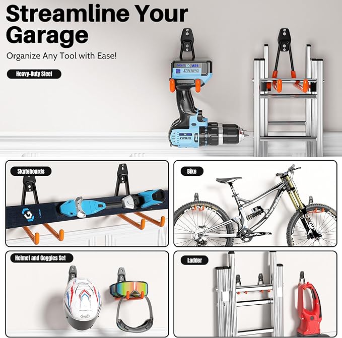 Garage Hooks Heavy Duty 6 Pack Utility Wall Mount Storage Hangers with Extension Cord Holder Organizer for Power Tool Garden Tool Ladder Hose and More