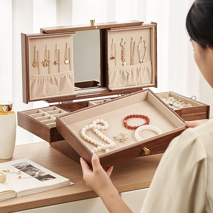 CHOSIN Black Walnut Wooden Jewelry Box for Women, 3 Level Multi-functional Drawer Organizer Box Watch Necklace Ring Earring Storage Valentine's Day Gift