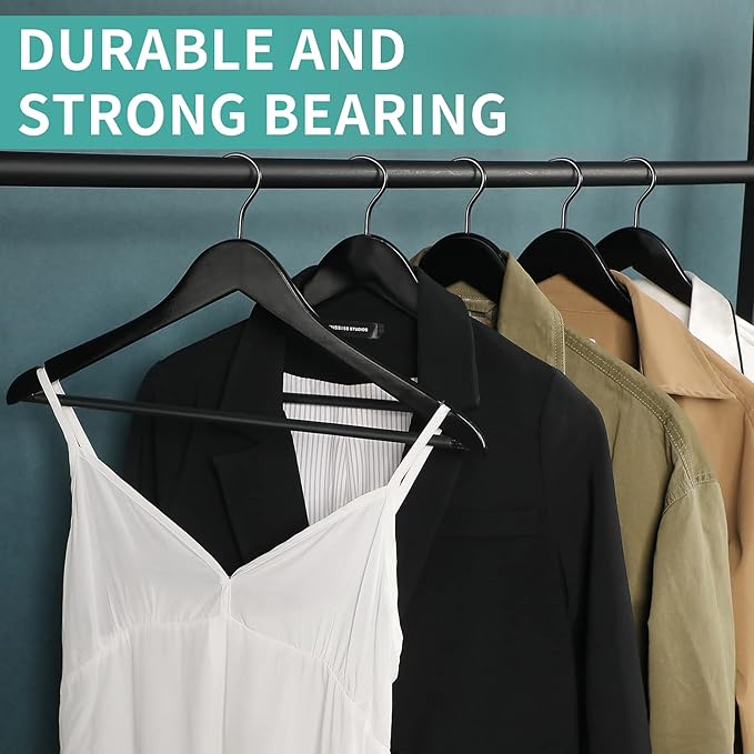 Grade A Real Wood Hangers 20 Pack, Suit, Coat, Solid Wood Construction, Smooth Finishes, Non-Slip Pants Bars, Soft Coated Hooks, 360° Swivel Hooks, Premium Quality Wooden Hangers (Black)