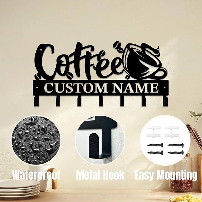 Personalized Custom Name Coffee Bar Wall Keys Hooks,Metal Coffee Shop Art Clothes Hooks,Metal Coffee Lover Wall Home Storage Decorative,For Front Door, Hallway, Kitchen, Bedroom,Keys,Hats (Style D)