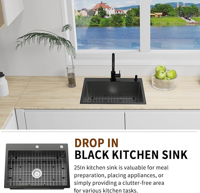 Black Kitchen Sink,25x18 Inch Kitchen Sink Stainless Steel Drop In Kitchen Sink Topmount Stylish and Modern Look Sink With Bottom Grid,Drain Basket And Drain Assembly Add Elegance & Enhance Usability