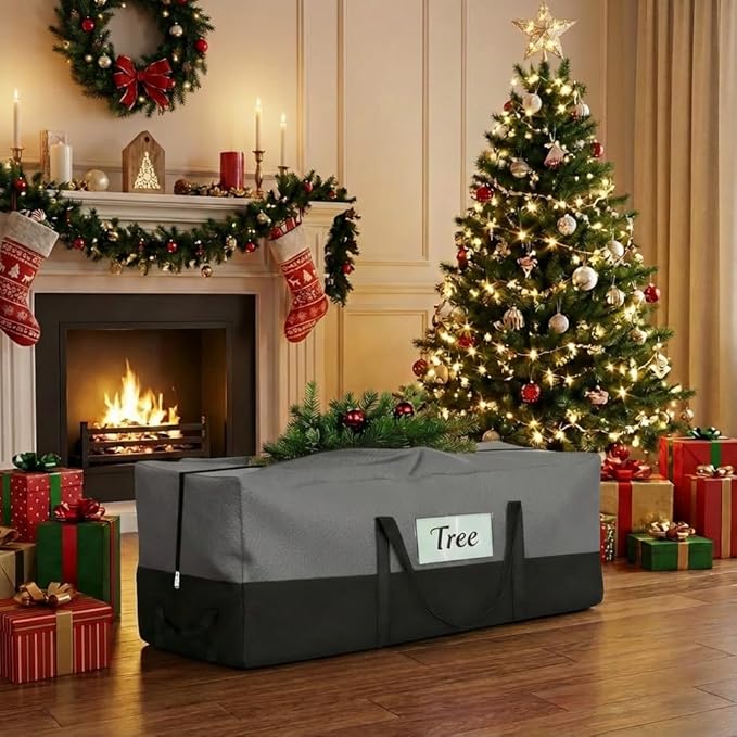 Christmas Tree Storage Bag, Fits Up 8 Ft Tall Artificial Trees-Heavy Duty Holiday Storage Box with Durable Reinforced Handles & Zipper & Transparent Pocket- 600D Oxford Tree Storage Container, Gray