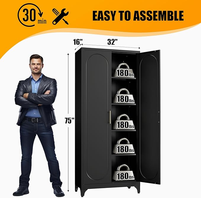 Metal Storage Cabinet with Doors, 75" Tall Kitchen Pantry Storage Cabinets, Black Pantry Cabinets with Adjustable Shelves, Home Office Cabinet, Large Cupboard, High Leveling Feet- Assembly Required