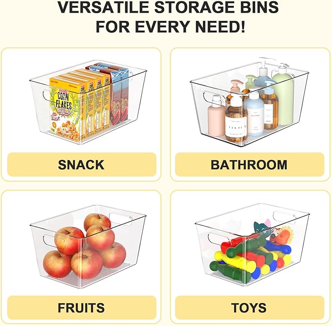 Joymeezo Set of 4 Clear Plastic Storage Bins, 2 Large +2 Small Pantry Organizers and Storage Containers for Kitchen Organization, Home Storage Essentials for Cabinet, Office, Garage, Freezer& Bathroom