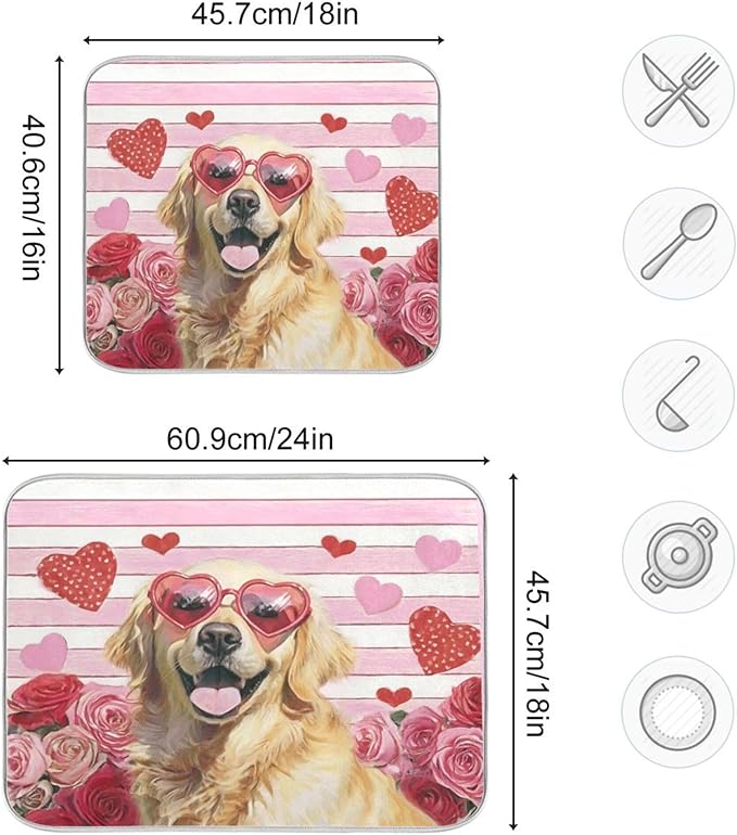 Happy Valentine's Day Pink Dish Drying Mat for Kitchen Countertop 18x24 Love Golden Retriever Dog Flowers Large Drying Mat Reusable Quick Dry Dish Sink Mats Easy Clean Decorative Essentials