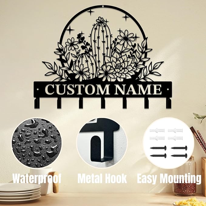Personalized Custom Name Cactus Wall Keys Hooks,Metal Cactus Art Clothes Hooks,Metal Cactus Lover Wall Home Storage Decorative,For Front Door, Hallway, Kitchen, Bedroom,Keys,Hats (Style A)