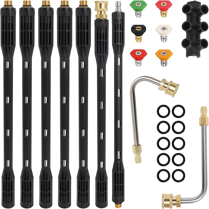 Hoqqf Upgraded Pressure Washer Extension Wand,Up to 115in,4000 PSI Gutter Cleaner Attachment with 6 Tips,1/4"Quick Connect, Leak-Resistant Ring