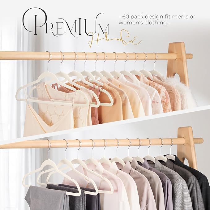 HOUSE DAY Premium Velvet Hangers 50 Pack Ivory, Non-Slip Flocked Felt Hangers, Sturdy Clothes Hanger with 360° Rotatable Hook, Heavy Duty Durable Slim Coat Hanger for Closet Space Saving