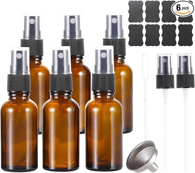 ALIFEIA 1 oz ml Amber Glass Spray Bottles,Small Empty Fine Mist Refillable Travel Spray Bottle for Cleaning,Perfume,Aromatherapy,Cosmetic Sprays,Hair,Essential Oils with Fine Mist Dispenser（6 Pack）