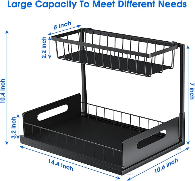 UINOFLE 2 Pack Under Sink Organizer, 2 Tier Pull-Out Cabinet Storage Shelf, Rust-Resistant Metal Organizer for Kitchen Bathroom Laundry Room, No Tools Installation, Black