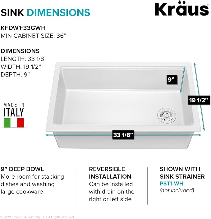 KRAUS Turino 33-inch Fireclay Workstation Drop-In/Undermount Single Bowl Kitchen Sink in Gloss White, KFDW1-33GWH