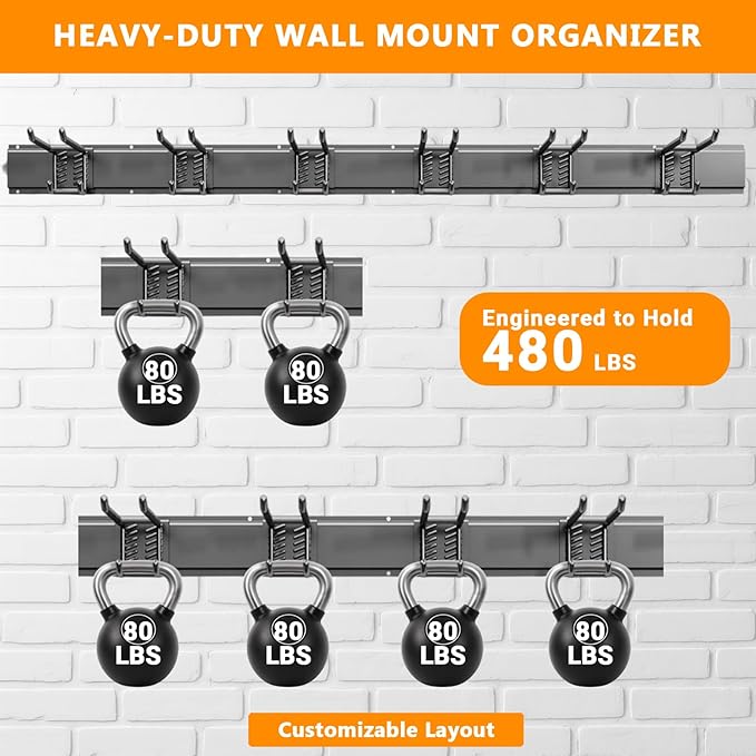 Garage Tool Organizer Wall Mount, 48 inch Garage Wall Organizer, 480lbs Sturdy Garden Tool Organizer with 6 Adjustable Bilayer Hooks, for Yard, Shed, Basement, Workshop(Black)