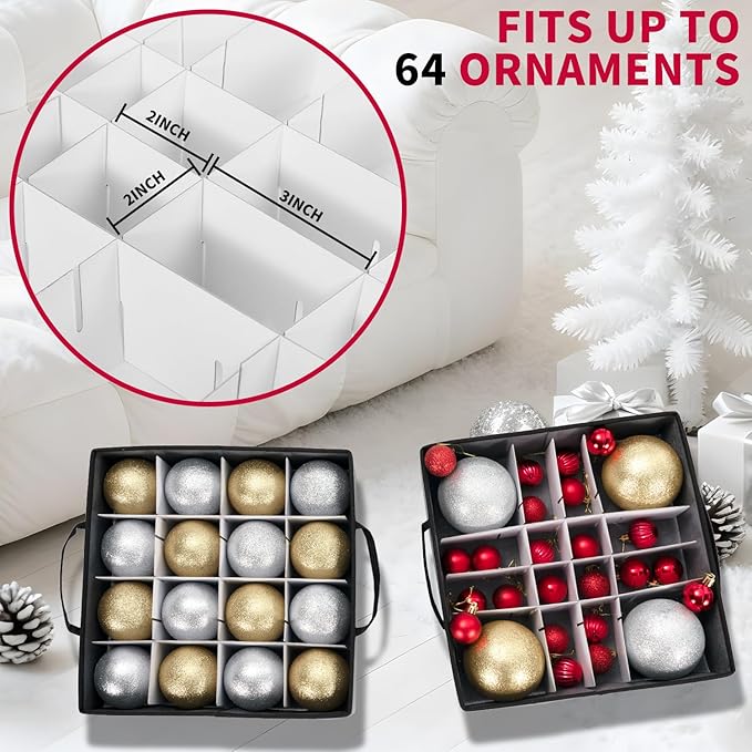 Christmas Ornament Storage Box With Adjustable Dividers,Ornament Storage Container With 4 Removable Trays for 64 Holiday Decorations,Gray