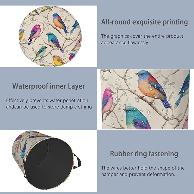 Colorful Bird Laundry Basket,Branches Foldable Oxford Cloth Tote Bag Laundry Hamper Clothes Storage Bucket Organizer for Bedroom Laundry Storage Dormitories 16" x 20.8"