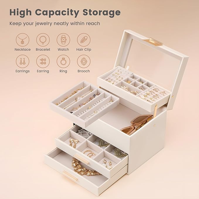 Lolalet Jewelry Box, Clear Window Jewelry Organizer with Drawer for Earrings Bracelets Necklaces Rings, Jewelry Storage for Women -White, 4 Layers