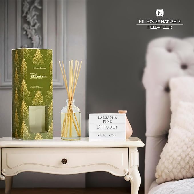 Hillhouse Naturals Reed Diffuser Set - Fresh Cut Balsam & Pine Scent Diffuser - Reed Diffusers for Home with Long Lasting Fragrance – 6 oz Oil – Diffuse Time 4-6 Months – Made in The USA