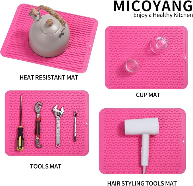 MicoYang Silicone Dish Drying Mat for Multiple Usage,Easy clean,Eco-friendly,Heat-resistant Silicone Mat for Kitchen Counter or Sink,Refrigerator or drawer liner Rose L 16 inches x 12 inches