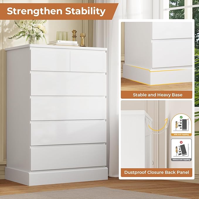 DICTAC White Tall Dresser for Bedroom with 6 Drawers, 43.9" Tall Dressers & Chests of Drawers, Modern Wood Closet Organizer and Storage Cabinet, Large Vertical Dresser for Bedroom, Closet, Hallway