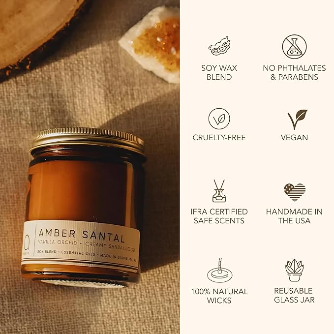 Bia Candle Co Soy Blend Candle, Vanilla & Sandalwood with Sweet Orange – Long-Lasting Clean Burn, Lead-Free Wick, Brown Glass Jar with Gold Lid – Amber Santal, 7 oz