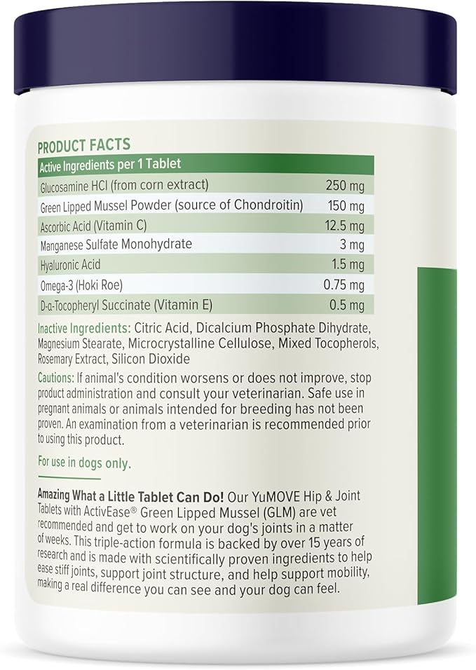 Yumove Hip & Joint Supplement for Dogs with Glucosamine, Hyaluronic Acid, Green Lipped Mussel & Omega 3 Joint Supplement - Regular or Advanced Strength (120 Count, Chewable Tablets)