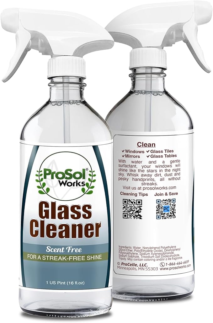 ProSol Works Glass Cleaner 16 oz - All Purpose Cleaning Spray for Glass Doors & Windows, Mirrors & Chrome Surfaces - Glasses Spray Helps Remove Smudges, Fingerprints, Rain Spots & Oil - Glass Cleaners