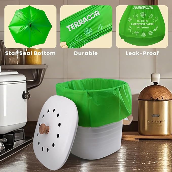 TERRACOR 1.3 to 1.6 Gallon Compostable Trash Bags, 35 Count Green Compost Bags for Countertop Bin, Food Waste, Dispenser Packs Organic Biodegradable Bags BPI Certified Meet ASTM D6400 Standard