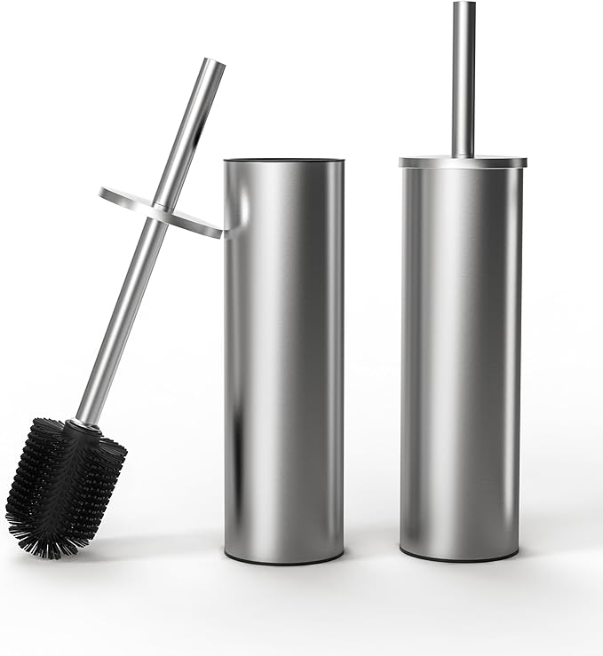 WZKALY Toilet Brush and Holder Set, 2 Pack Stainless Steel Toilet Bowl Brush with Lid, Rust Proof Toilet Cleaner Brush with Caddy, Durable Bristles, Splash Proof, Ideal for Bathroom (Brushed Nickel)