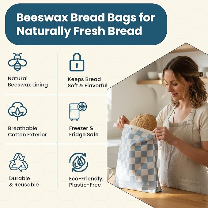 Buzzy Bags 3-Pack Reusable Beeswax Bread Bags (XL, M, S) - Organic Cotton Beeswax Bread Storage Bag for Homemade Bread & Sourdough Freezer-Safe, Breathable & Freshness Support - Eco-Friendly Bread Bag
