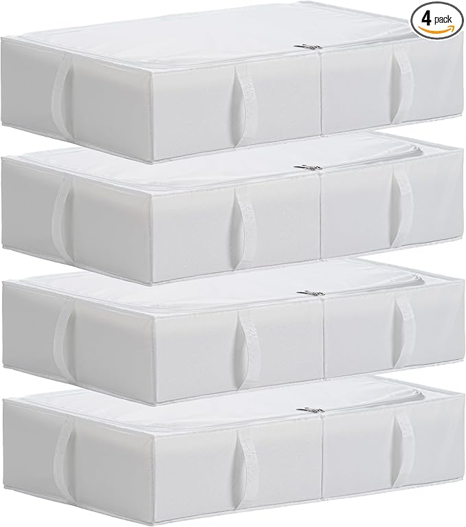 TYEERS Under Bed Storage Containers, Durable Fabric, Washable, Collapsible, Under Bed Storage Bins for Clothes, Blankets, Sheets, Shoes, 27.5x16.5x7 Inches, 4-Pack, White