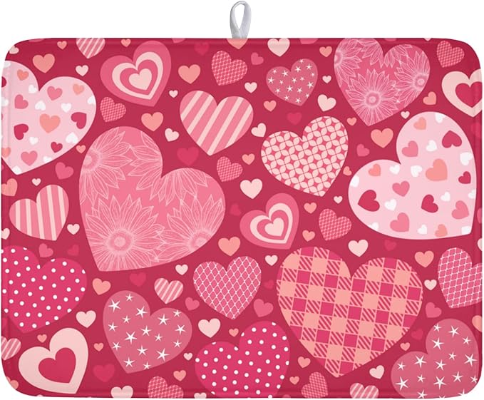 ABSOP Valentine's Day Dish Drying Mat 18 x 24 Inch Heart Shaped Pattern Dish Drying Pad Absorbent Microfiber Mats for Red Dish Rack Pad for Kitchen Counter Coffee Bar Decor