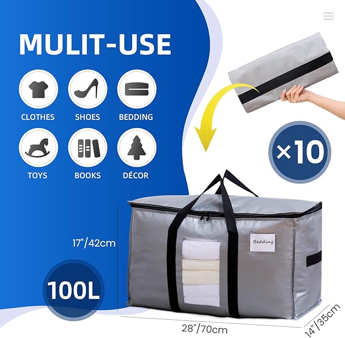 TAILI Extra Large Moving Bags, 10 Pack Silver Heavy Duty Totes for Storage with Visible Window, Wrap Around Handles, Storage Bags for Space Saving, Alternative to Moving Boxes