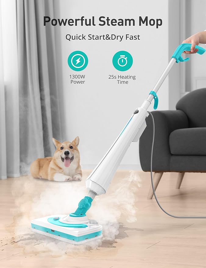 Professional Steam Mop Cleaner, 1300W Floor Steamer with Detergent Chamber, 25S Heat Up, Lightweight Steamer for Cleaning with 2 Washable Pads, Safe for Tiles, Upholstery, Carpet, Hardwood, Teal