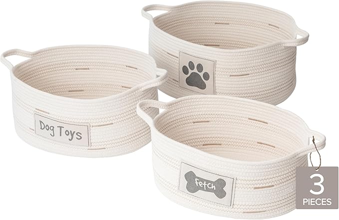 RGI Home Dog Toy Storage Baskets – Set of 3 Oval Fabric Rope Organizer Bins for Pet and Household Storage, Multi-Sized with Easy-Carry Handles, Durable and Stylish, Charcoal Gray on Ivory