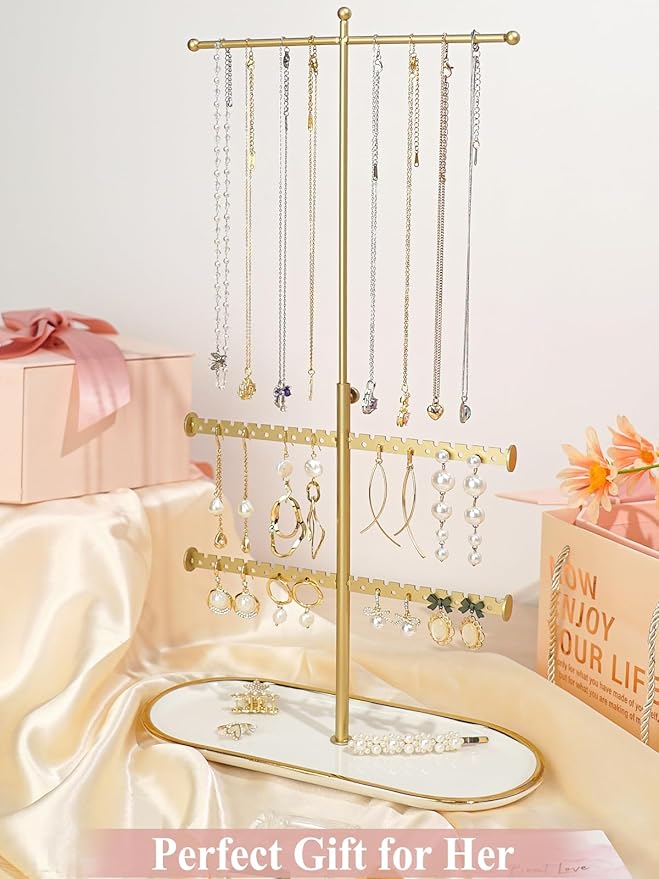 Jenseits Gold Jewelry Organizer Stand with Ceramic Tray – Cute Jewelry Holder for Necklaces, Earrings, Rings & Bracelets, Decorative Jewelry Display for Vanity Dresser, Great Gift for Women & Girls