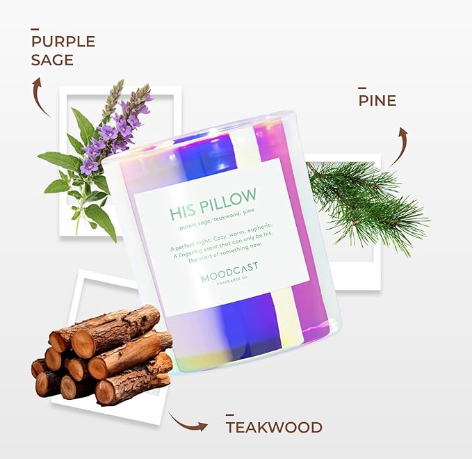 Moodcast His Pillow Scented Candle - Aesthetic Candle for Home, Purple Sage, Teakwood & Pine, Clean Coco Wax Blend, Vegan, Paraben Free, 45-Hour Long Lasting Burn - 8oz