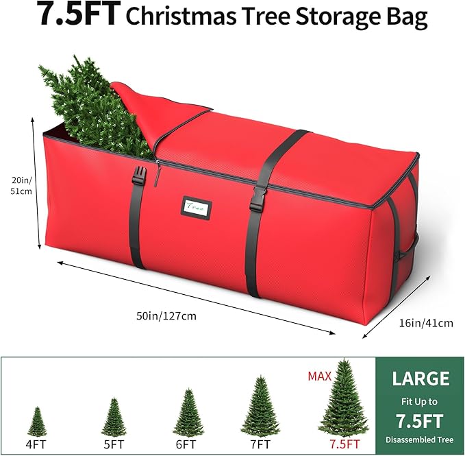 7.5Ft Christmas Tree Storage Bag, Fit up to Artificial Xmas Trees, with Double Zipper & Buckle Straps, Handles for Easy Carry, 600D Oxford Fabric Waterproof and Dustproof. (Red)