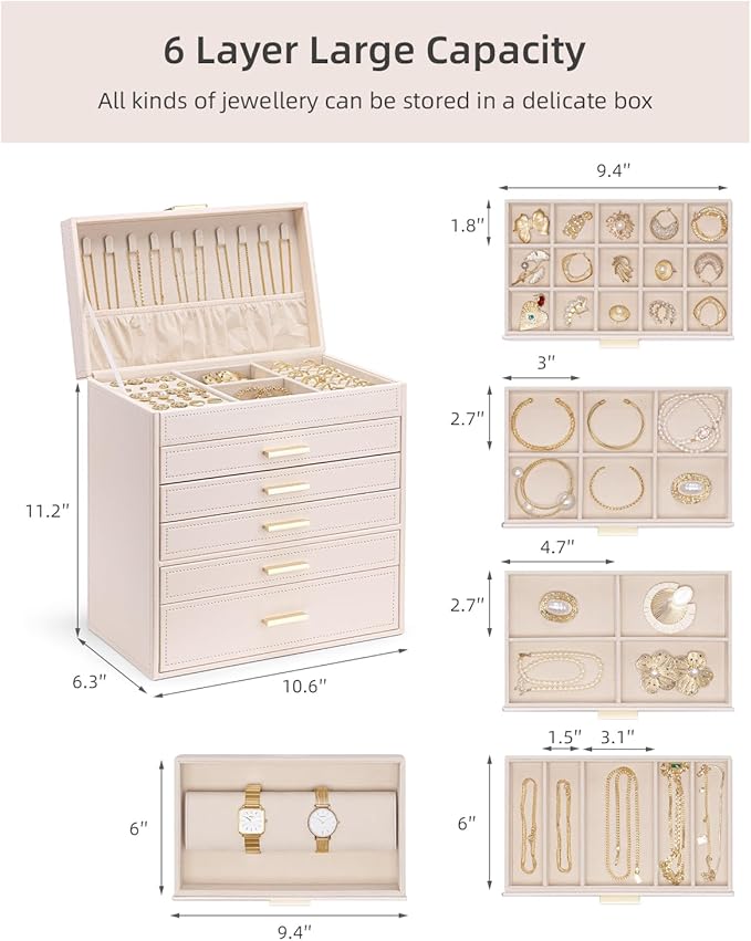 Vlando Jewelry Box Organizer,Large Jewelry Storage for 5 Drawn,PU Leather Jewelry Boxes for Women,Earring Necklace Rings Watch Display Boxes,Wedding Birthday Gift Apricot White