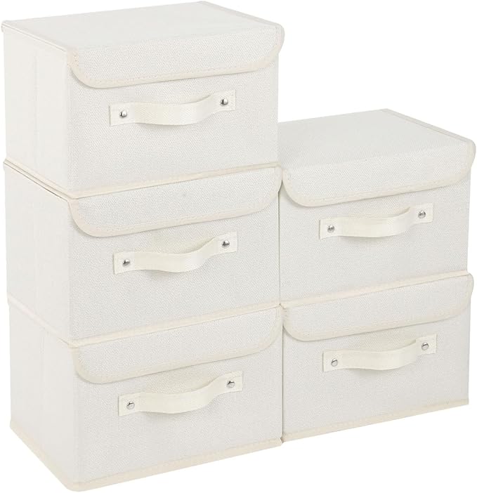 Fabric Storage Bins Cube Organizers with Flip-Top Lid and Handles, Storage Boxes for Organizing Home, Office, and Closet, Beige, 5 Pack 10.2 X 7.9 X 6.7 in