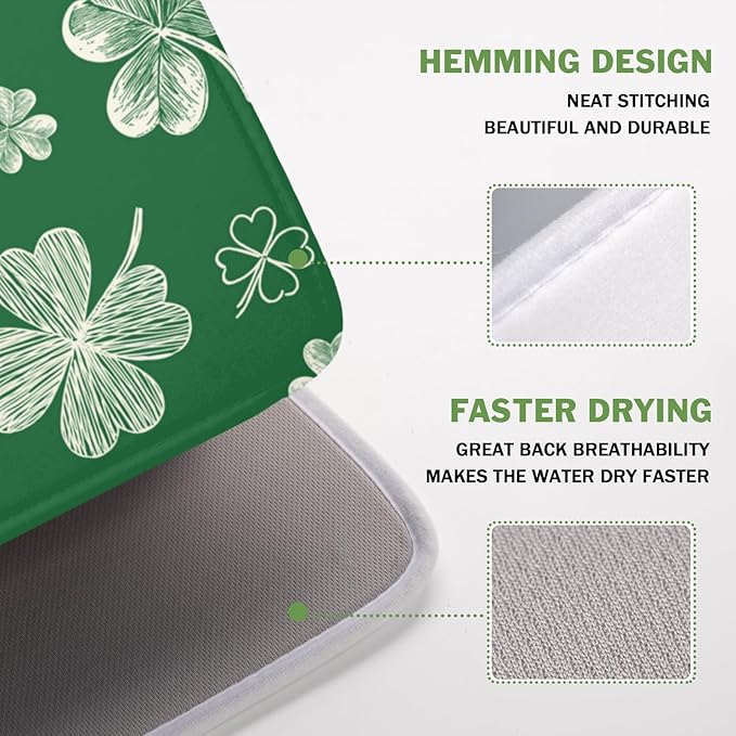ABSOP St Patrick's Day Dish Drying Mat 16 x 18 Inch Green Shamrock Dish Drainer Rack Mat Absorbent Microfiber Mats for Spring Lucky Clovers Dish Pad for Kitchen Coffee Bar Decor