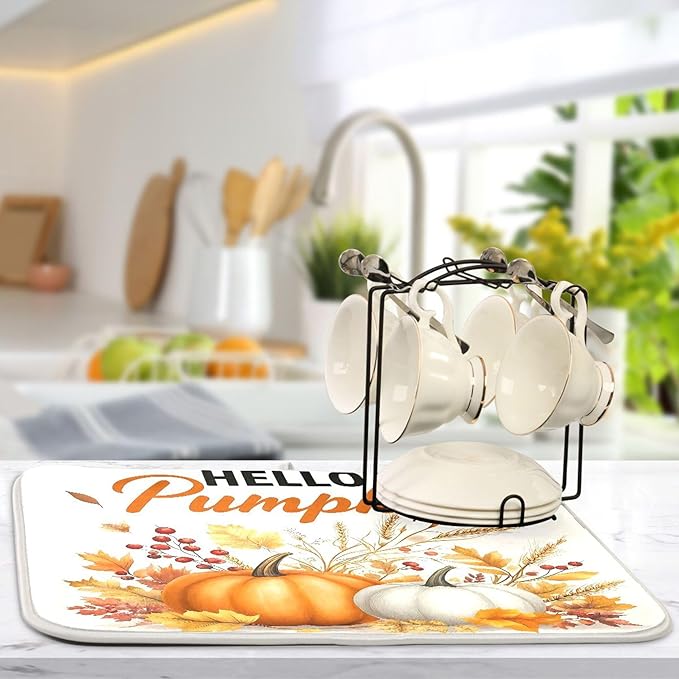 Hello Pumpkin Dish Drying Mat for Kitchen Countertop 16x18 Fall Harvest Leaves Berry White Small Drying Mat Reusable Quick Dry Dish Sink Mats Easy Clean Decorative Essentials