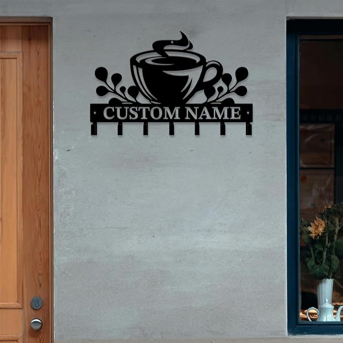 Personalized Custom Name Coffee Bar Wall Keys Hooks,Metal Coffee Shop Art Clothes Hooks,Metal Coffee Lover Wall Home Storage Decorative,For Front Door, Hallway, Kitchen, Bedroom,Keys,Hats (Style A)