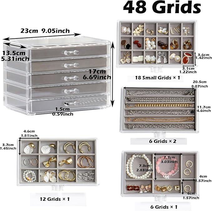 Jewelry Organizer with 5 Drawers Clear Acrylic Earring Display Case Velvet Jewelry Storage Box Display Holder for Earring Ring Bracelet Necklace (Gray, 48 Grids)