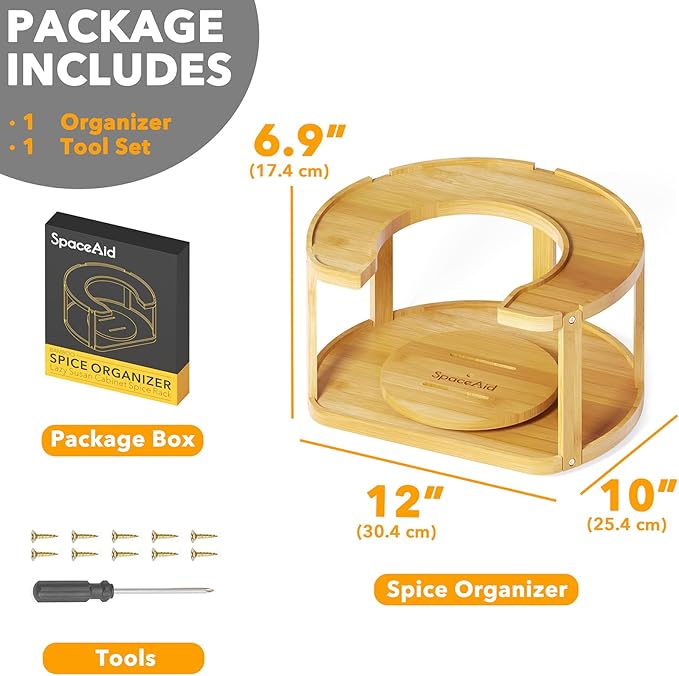 SpaceAid 2 Tier Bamboo Spice Rack Organizer, Lazy Susan Turntable for Cabinet, Home Kitchen Spices Spinning Rotating Shelf Racks for Pantry Seasoning Bottle Holder Storage (Two Tier, Natural)