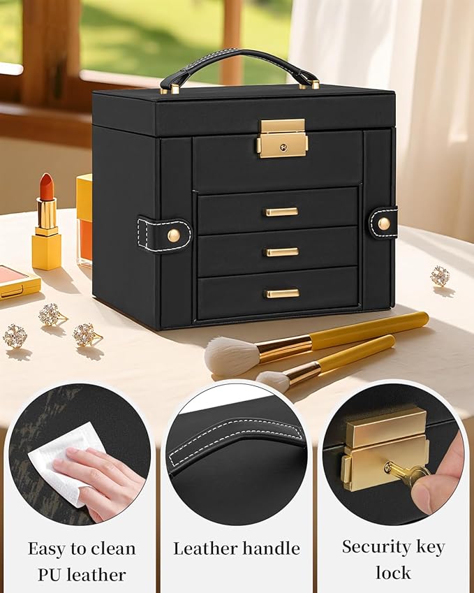 TORIBIO Jewelry Box for Women, Leather Jewelry Organizer with Mirror & Lock, 4-Tier Jewelry Storage Organizer with 3 Drawers for Girls/Women/Mothers, Necklace Earring Bracelets Holder Organizer