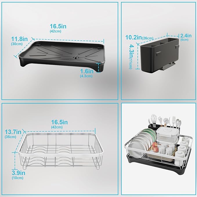 HOMEBOSILY Dish Drying Rack 304 Stainless Steel Dish Rack with Drainboard,Space Spaving Auto-Draining Drying Racks for Kitchen Counter,Large Capacity Dish Racks for Bowls, Cups, Dish Drainer Black