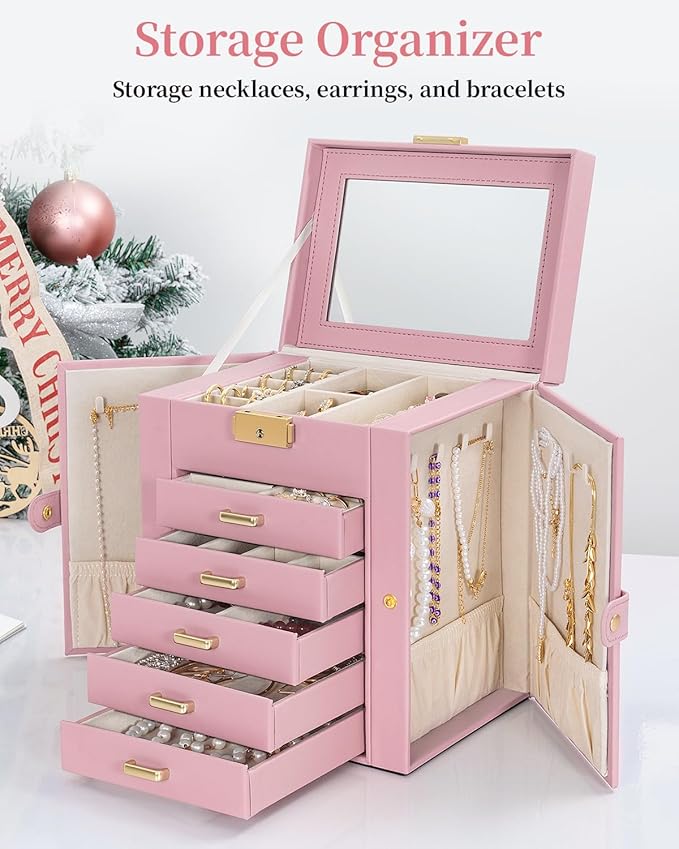 TORIBIO Large Jewelry Box for Women, Leather Jewelry Organizer with Mirror & Lock, 6-Tier Jewelry Storage Case for Girls/Women/Mothers, Necklace Earring Bracelets Holder Organizer