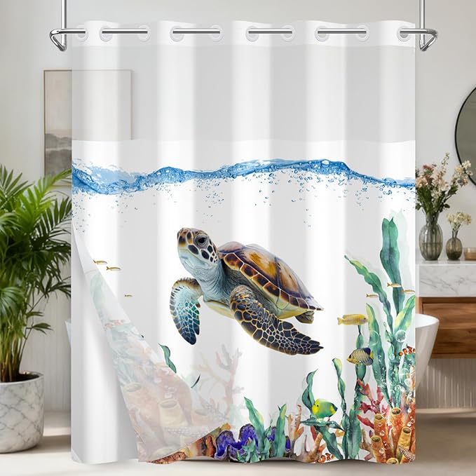 Sea Turtle Shower Curtain Set, Ringless Shower Curtains with Snap-in Washable Shower Curtain Liner and See-Through Window, Nautical Bathroom Decor, 71x74 Inches