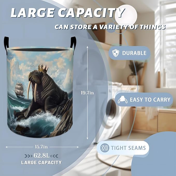 Regal Walrus with Crown by the Sea Laundry Basket with Handles, 19.7"x15.7" Clothes Foldable Laundry Hamper Organizer for Dorm Nursery Bedroom Bathroom Decor, Toy Storage Bin for Kids