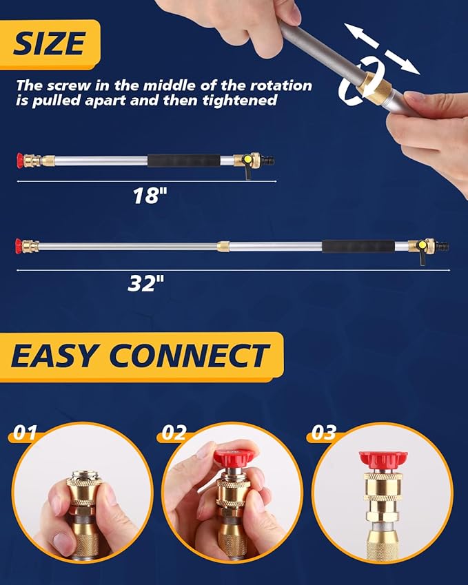 CONGDAREN 2025 Upgraded Extendable Jet Nozzle Power Washer - 2-in-1 High Pressure Washer Tool for Garden Hose, Adjustable Length 18“-32”, with Dual High-Pressure Nozzles and Hose Quick Connectors