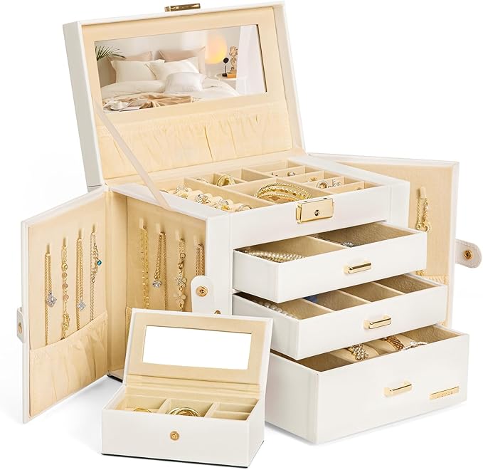 Homde 2 IN 1 Jewelry Box for Women Girls with Small Travel Case Mirror Necklace Ring Earrings Organizer(White + Gold)